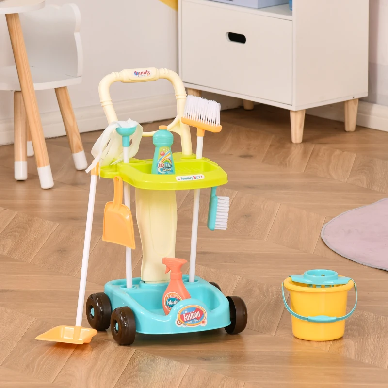 HOMCOM schoonmaakset voor kinderen rollenspel schoonmaak speelgoed 17 delig met bezem dweil stoffer PP kunststof groen + blauw + wit 30 x 29 x 55 cm