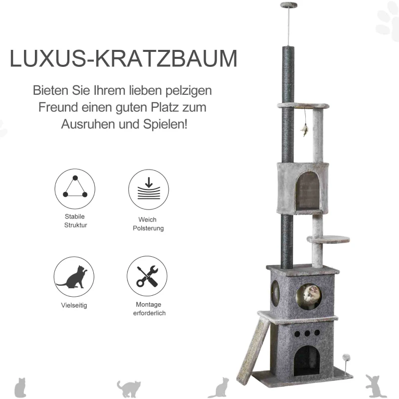PawHut krabpaal krabpaal plafond hoge klimboom met kattenspeeltje sisal pluche lichtgrijs in hoogte verstelbaar 60 x 40 x 225-255 cm