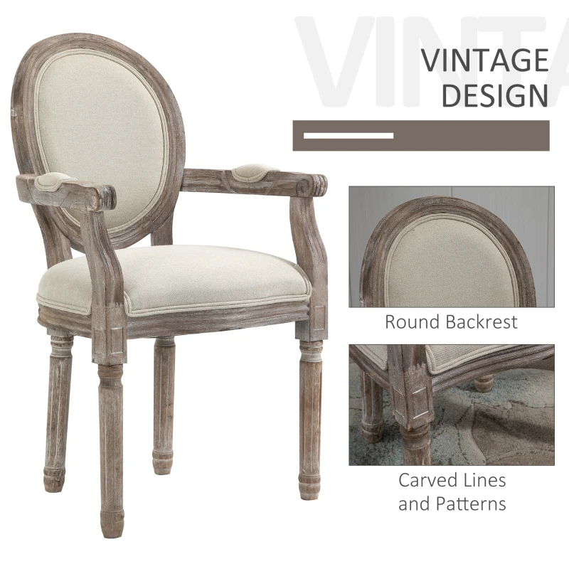 HOMCOM Dining Chair Vintage Round Back Solid Wood Frame for Living Room, Kitchen Upholstered Seat, Cream