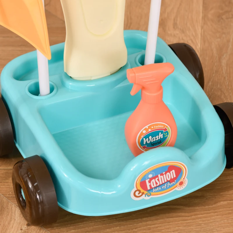 HOMCOM Besenwagen Putzwagen mit Zubehör Reinigungswagen Putzset für Kinder Rollenspiel Reinigungsspielzeug 17 Stück mit Besen Mopp Kehrschaufel PP-Kunststoff Grün+Blau+Weiß 30 x 29 x 55 cm
