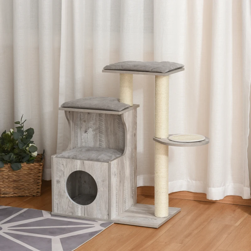 PawHut krabpaal met kattengrot kattenboom klimboom voor katten E1 MDF sisal grijs