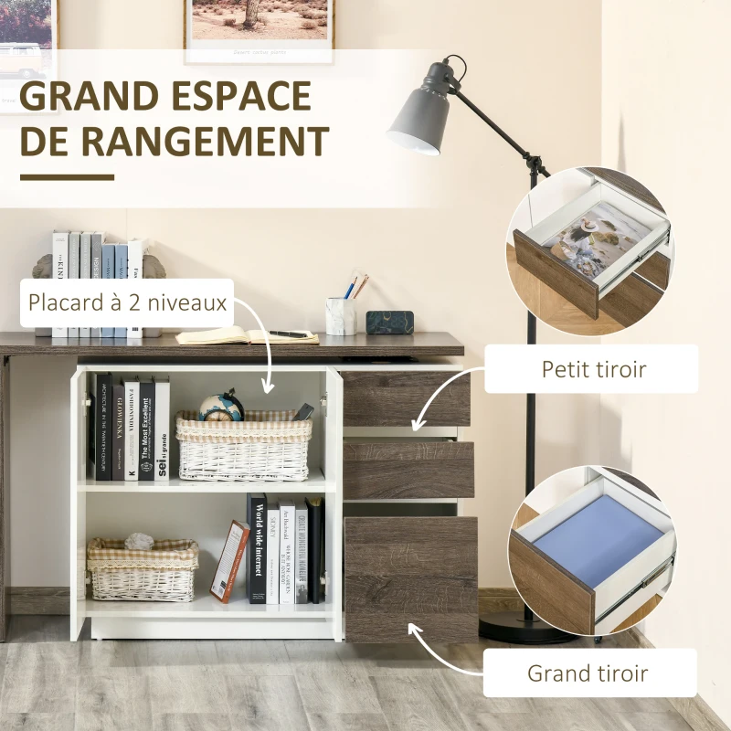 HOMCOM Bureau d'angle Bureau Informatique table de salle à manger multimédia Multi-Rangement modulable 2 Portes 3 tiroirs MDF Blanc Aspect Bois Brun foncé