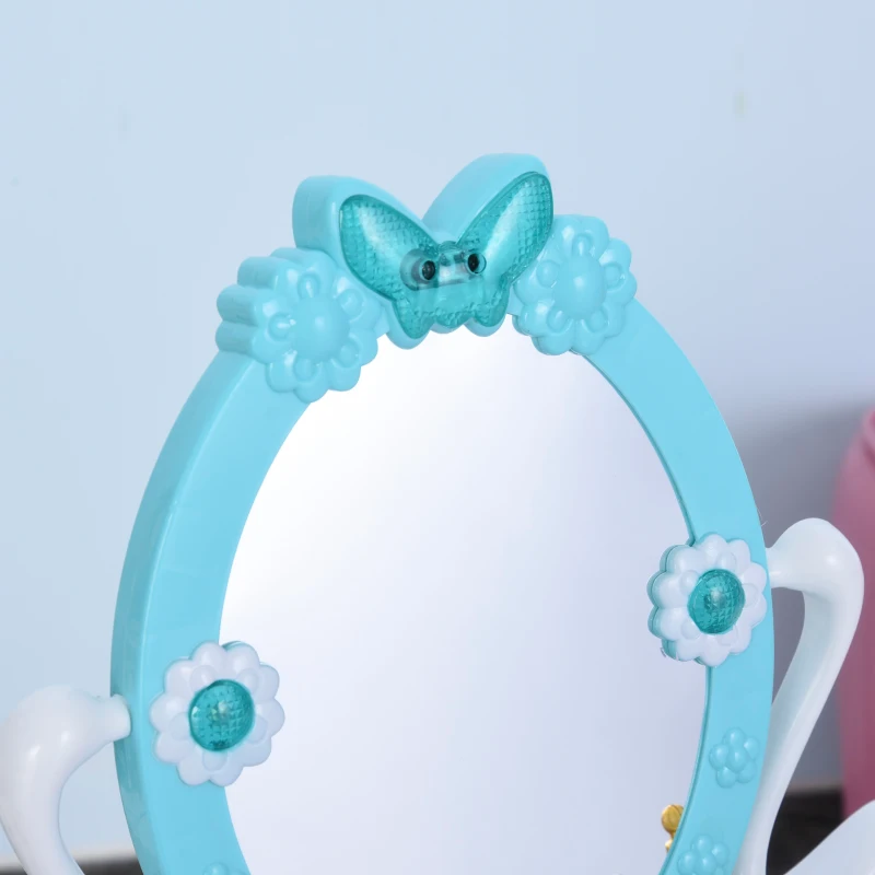 HOMCOM Kinderschminktisch Frisiertisch mit Hocker 5 Musikstücke Licht Mädchen Kosmetik Spiegel Infrarotsensor Blau 49,5x23,5x69,5 cm