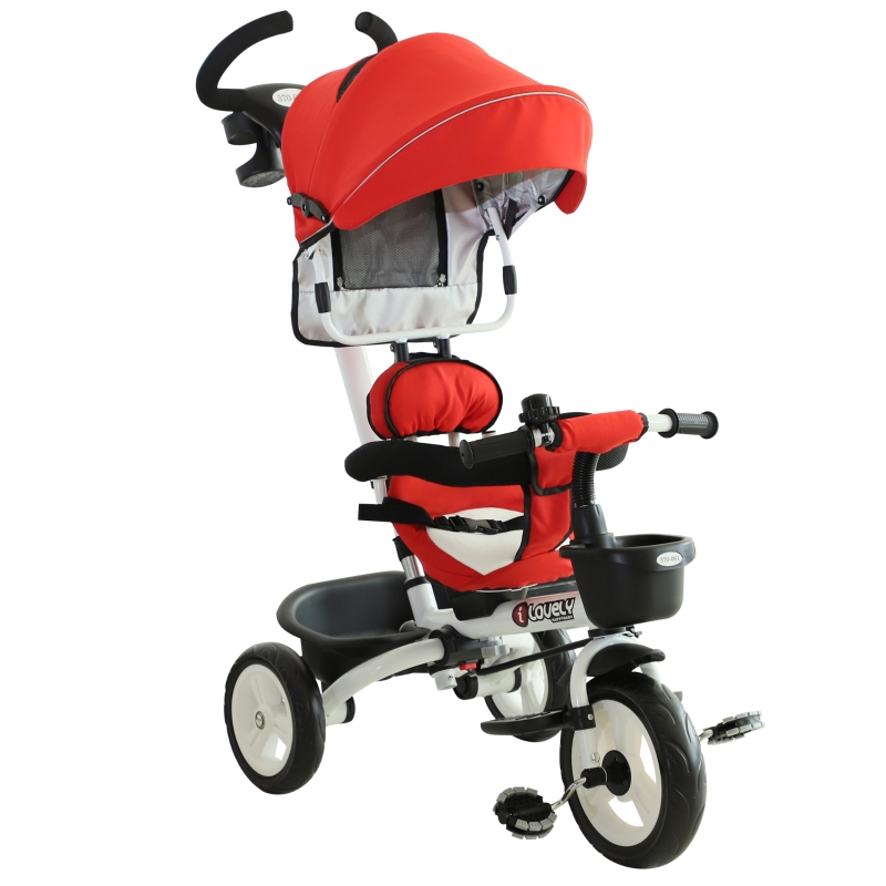 HOMCOM 4-in-1 Kinderdreirad, Kinder Fahrrad mit Sicherheitsgurt und Sonnendach, Dreirad, Kinderauto, Aluminium, Metall, Kunststoff, Rot, 118 x 53 x 105 cm