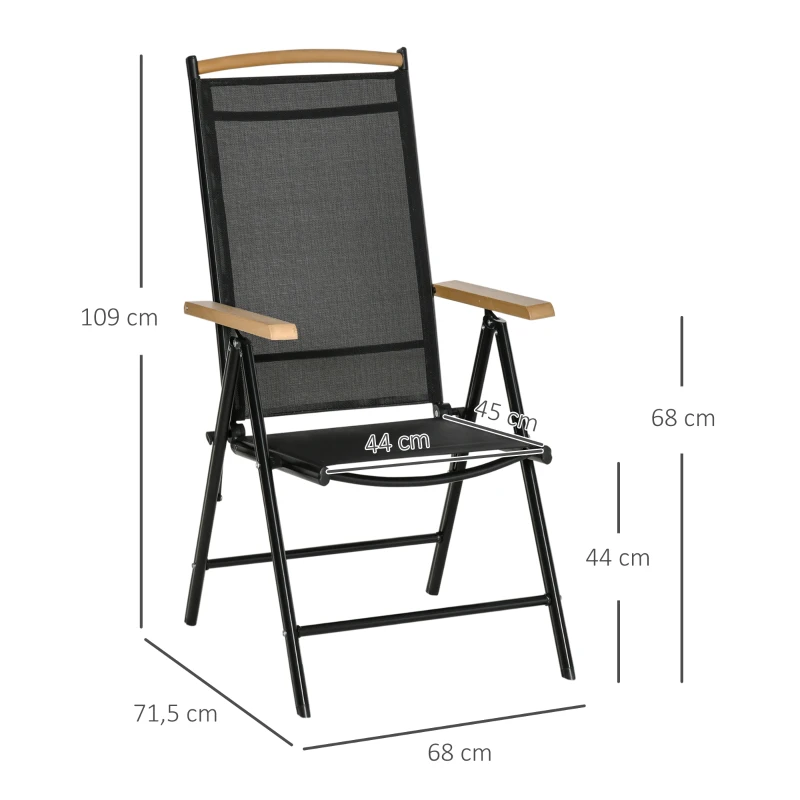 Outsunny 2er-Set Klappstuhl Gartenstuhl klappbar mit Rückenlehne Armlehne für Garten Balkon Terrasse Mesh Stoff Aluminium Schwarz 71,5 x 68 x 109 cm