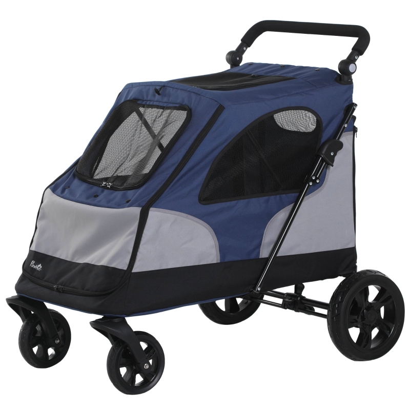 PawHut Hundebuggy Hundewagen mit 4 Räder Haustierbuggy für mittelgroße Hunde faltbar Oxford Blau+Grau 104,5 x 68,5 x 110 cm