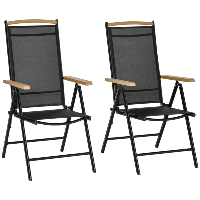 Outsunny 2er-Set Klappstuhl Gartenstuhl klappbar mit Rückenlehne Armlehne für Garten Balkon Terrasse Mesh Stoff Aluminium Schwarz 71,5 x 68 x 109 cm