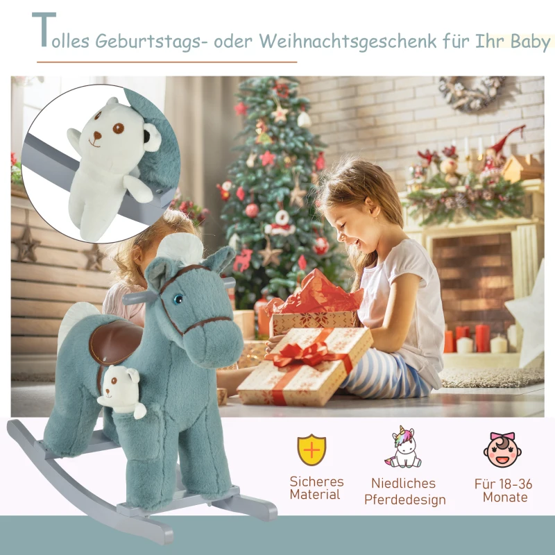 HOMCOM hobbelpaard voor kinderen baby schommeldier hert met dierengeluiden speelgoed handgrepen voor 18-36 maanden pluche blauw 65 x 26 x 55 cm