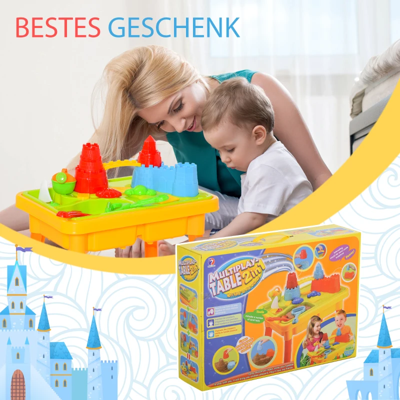 HOMCOM Kinder Sandspielzeug Sandkastentisch mit 23-tlg. Zubehör Spieltisch Strandspielzeug für 18-36 Monate PP Schlossthema 59L x 42 x 37 cm