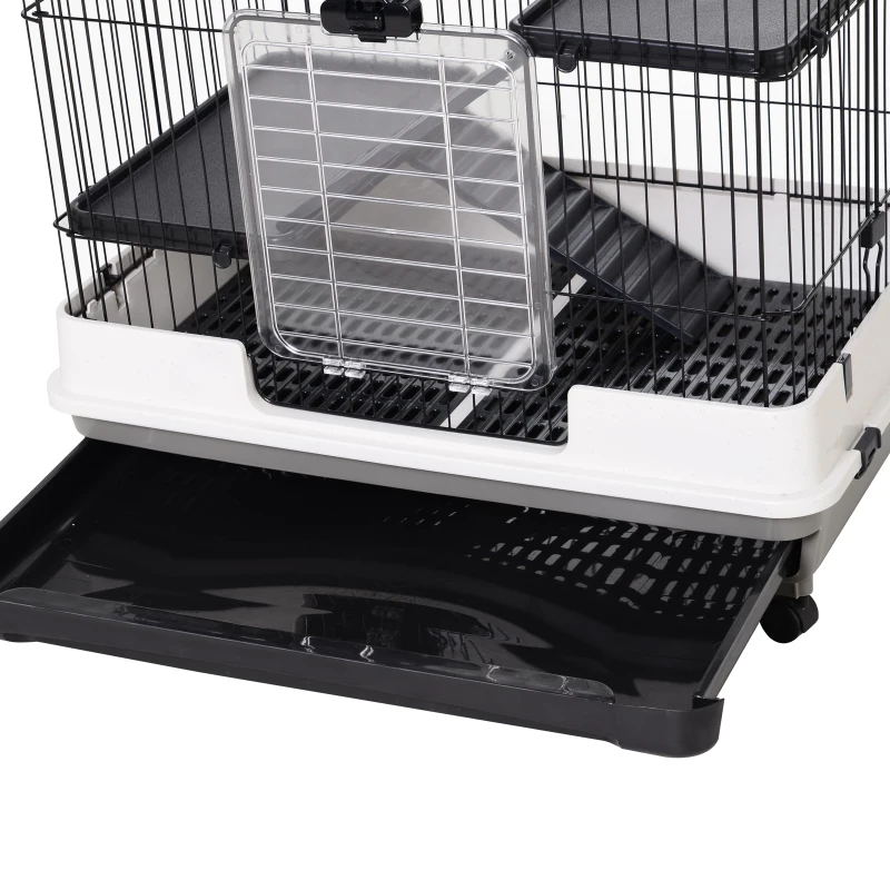 PawHut Kleintierkäfig mit 4 Räder Käfig 3 Öffnungen 2 Plattformen Metall Schwarz 81,2 cm x 52,7 cm x 110 cm