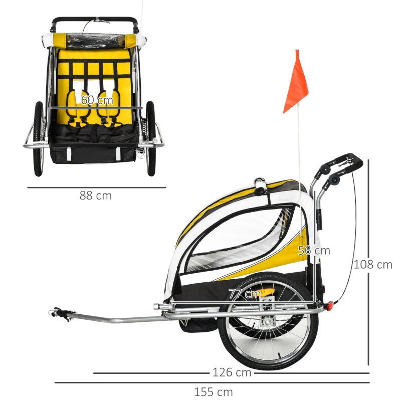 HOMCOM Kinderanhänger Fahrradanhänger Kinder Anhänger für 2 Kinder Regenschutz atmungsaktiv Gelb+Schwarz+Grauweiß 155 x 88 x 108 cm