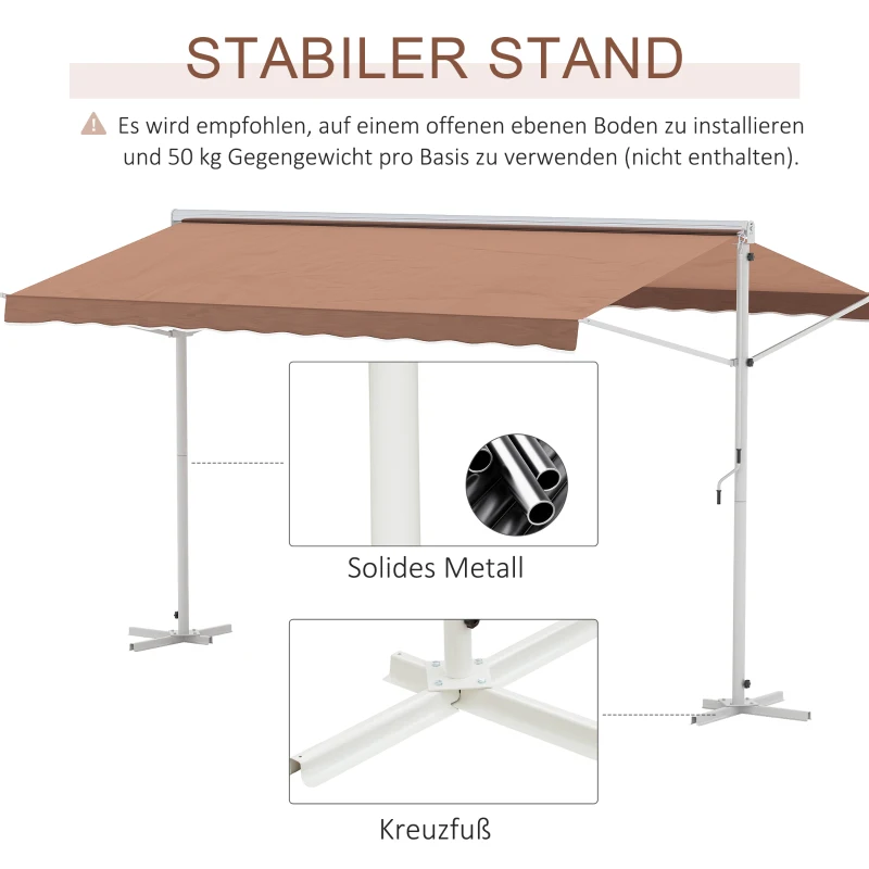 Outsunny Standmarkise Markise 4,5 x 3,4m Terrassenüberdachung Gartenmarkise mit Faltarm Kurbel Terrasse Braun Alu Metall