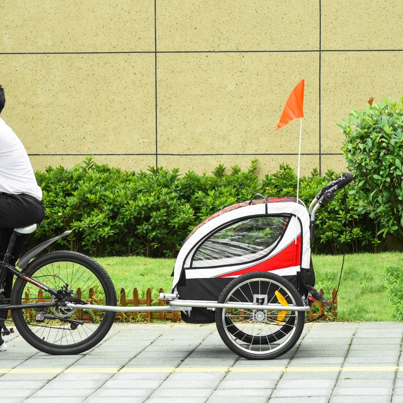 HOMCOM Kinderanhänger Fahrradanhänger Kinder Anhänger für 2 Kinder Regenschutz atmungsaktiv Rot-Schwarz 155 x 88 x 108 cm