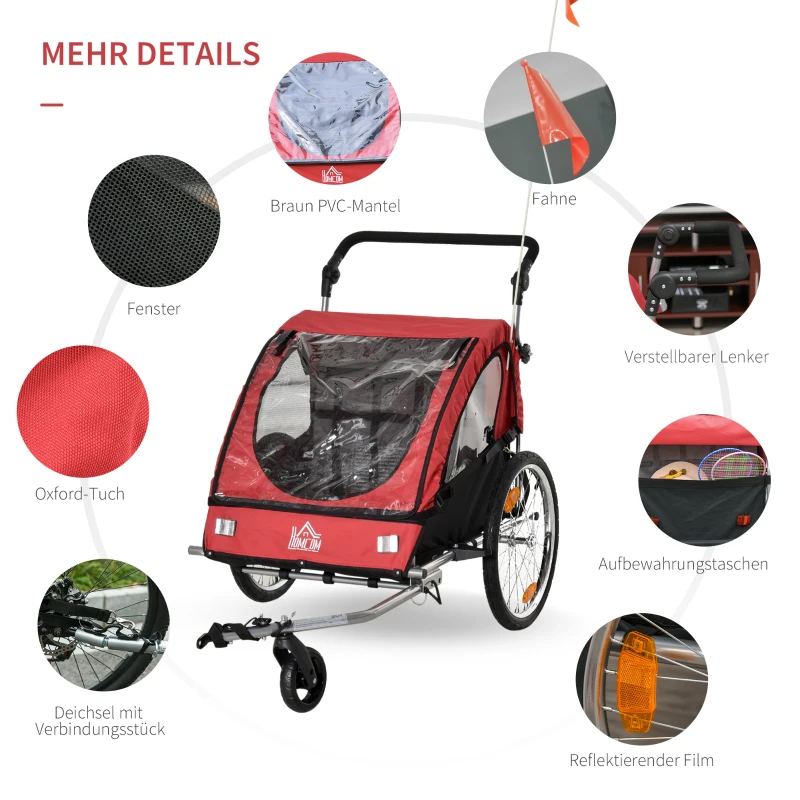 HOMCOM 2-in-1 kinderaanhanger fietskar kinderwagen met opbergtas tweelaags stalen buis metaal oxford rood + zwart 160 x 84 x 106 cm