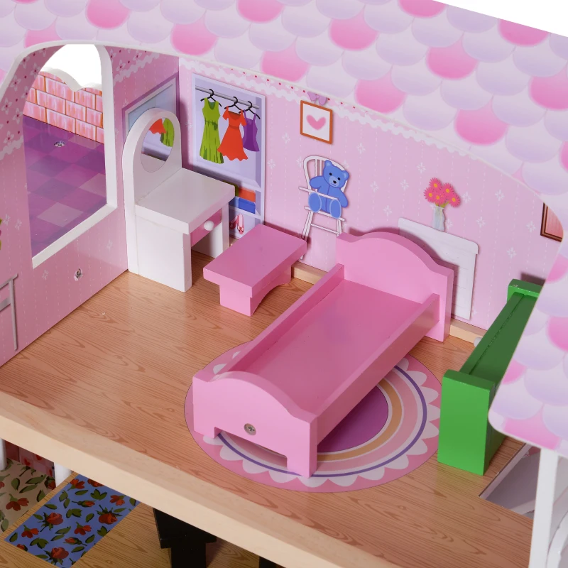 HOMCOM Kinderpoppenhuis poppenhuis barbiehuis poppenhuis met 3 verdiepingen met meubels