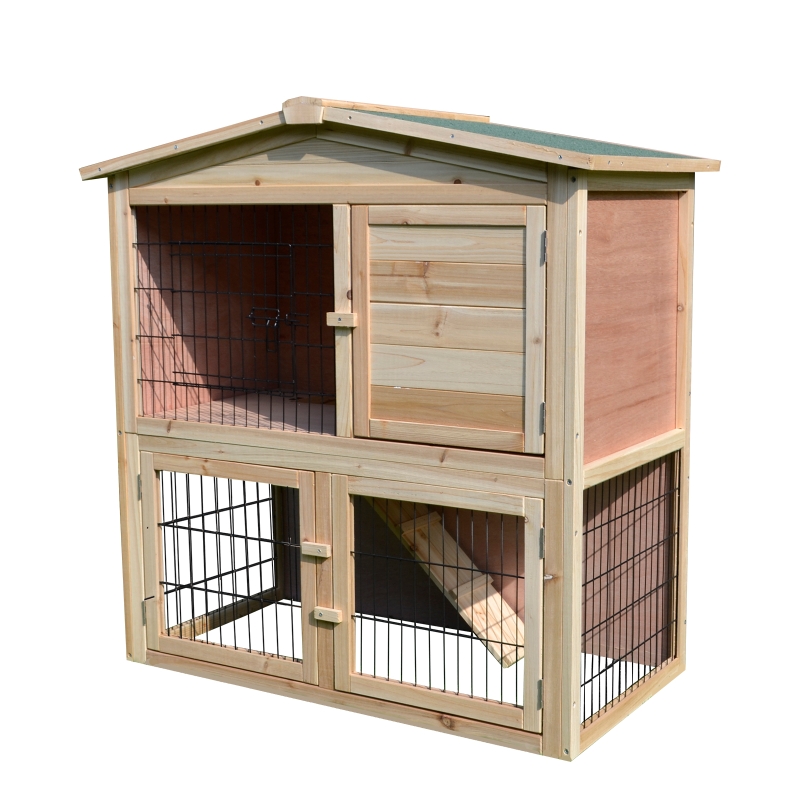 PawHut Kleintierstall mit Freilauf Kleintierkäfig Kleintiergehege für draußen Zwergkaninchenstall mit Rampe Meerschweinchenstall winterfest Tannenholz Natur 98 x 54 x 100 cm