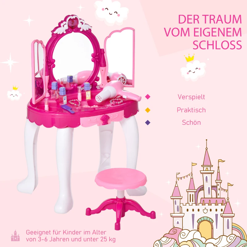 HOMCOM kinderkaptafel kaptafel met muziek krukje meisjes cosmetica