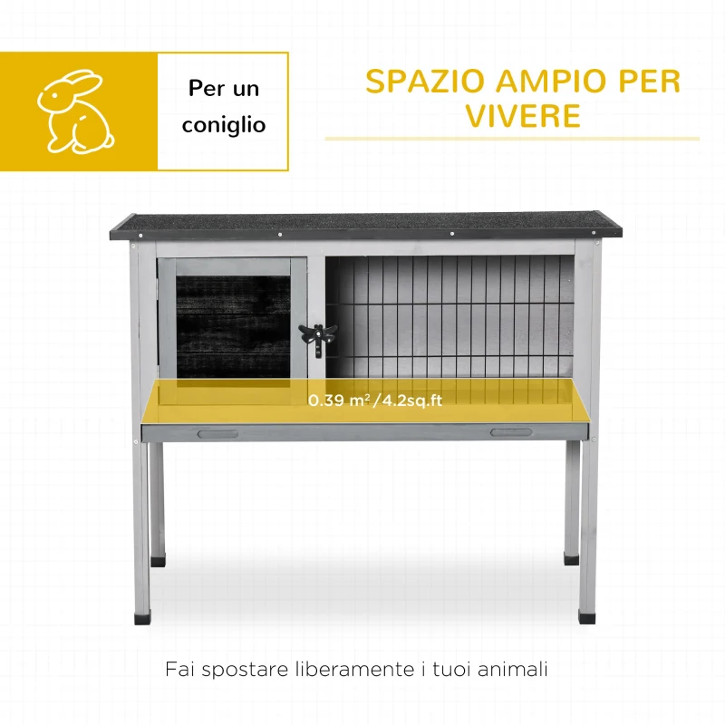 PawHut Conigliera Rialzata in Legno da Esterni con Tettuccio Apribile e Vassoio per Roditori 86x45x70cm