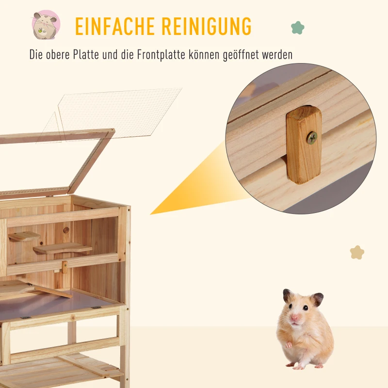 PawHut Kooi voor kleine dieren hamsterkooi kooi knaagdierkooi muizenkooi dennenhout, 60 x 40 x 80 cm