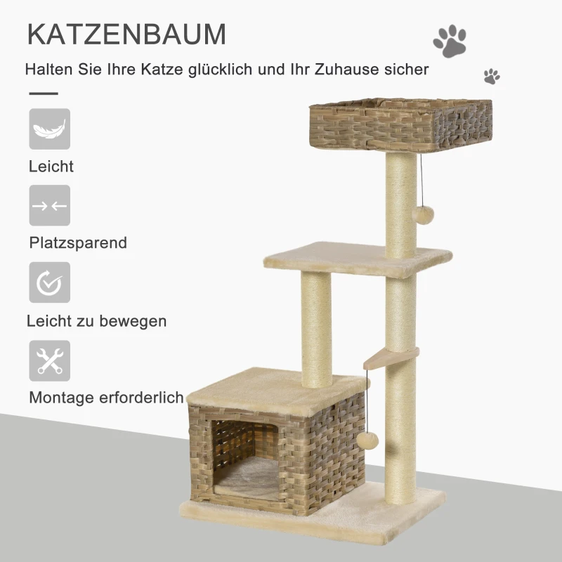 PawHut kattenboom multifunctionele krabpaal kattengrot speelbal bruin + beige