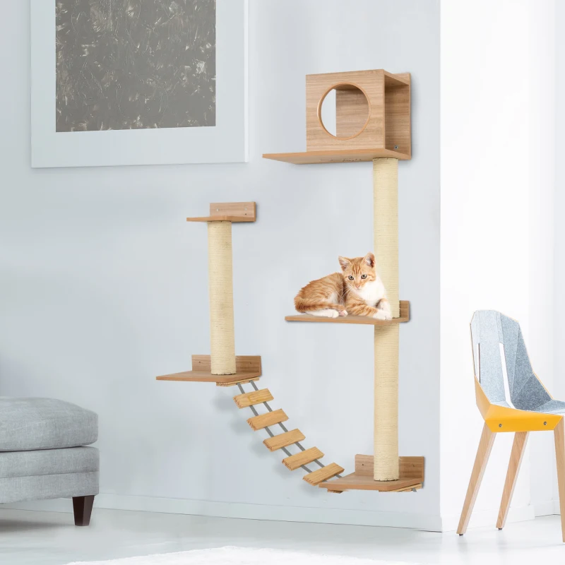 PawHut Klimwand voor katten wandkrabpaal kattenboom voor katten met ladder geel