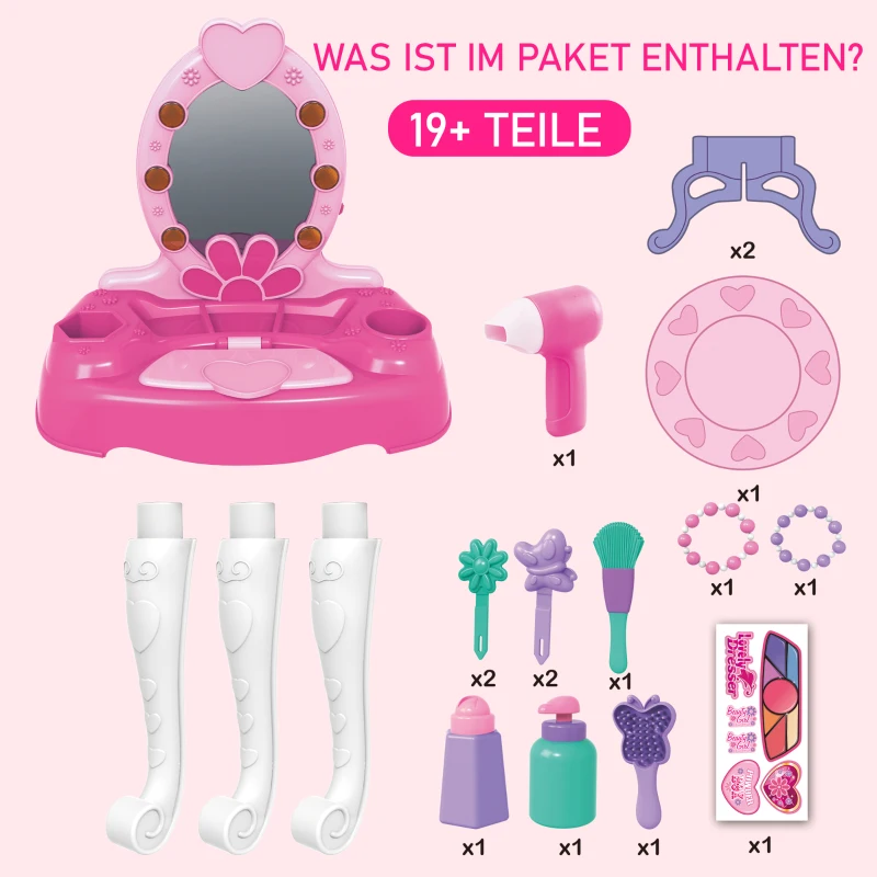 HOMCOM kinderkaptafel kaptafel met krukje 7 muziekstukken spiegel roze