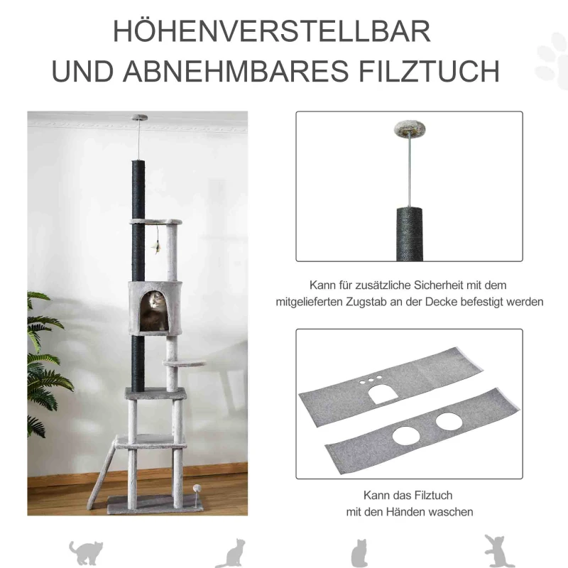 PawHut krabpaal krabpaal plafond hoge klimboom met kattenspeeltje sisal pluche lichtgrijs in hoogte verstelbaar 60 x 40 x 225-255 cm