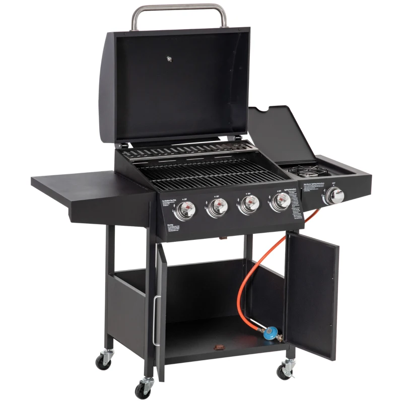 Outsunny 4+1 Gas BBQ Grill met 4 Branders en 1 Zijbrander Koolstofstaal Zwart 132 x 55 x 109 cm