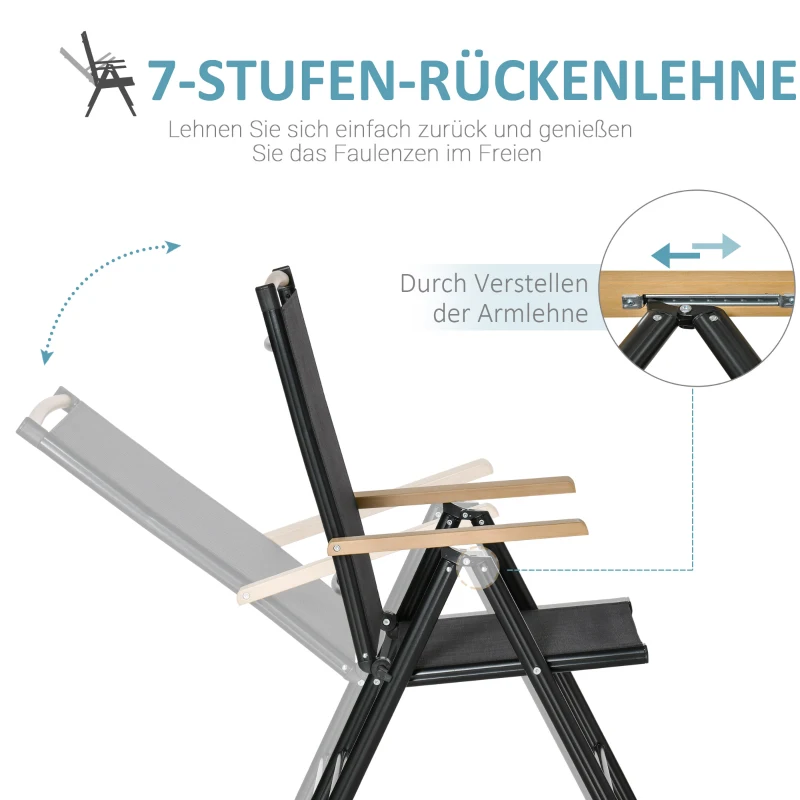 Outsunny 2er-Set Klappstuhl Gartenstuhl klappbar mit Rückenlehne Armlehne für Garten Balkon Terrasse Mesh Stoff Aluminium Schwarz 71,5 x 68 x 109 cm