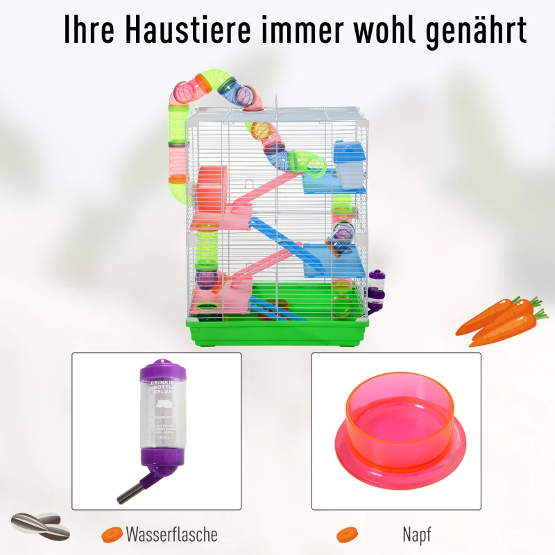 PawHut Kleintierkäfig mit Zubehör Nagerkäfig Mäusekäfig Hamster Rohrsystem, Metall, Grün+ Weiß, 46 x 30 x 58 cm
