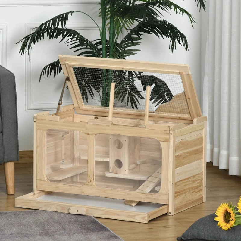 Klatka dla chomików PawHut drewniana klatka dla gryzoni klatka dla myszy z rampą huśtawką willa dla gryzoni otwierana góra lite drewno PS kolor naturalny 78 x 40 x 44 cm