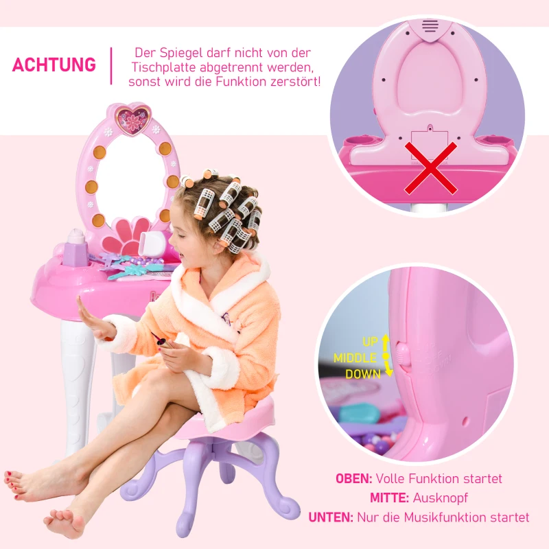 HOMCOM kinderkaptafel kaptafel met krukje 7 muziekstukken spiegel roze