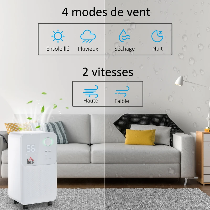 HOMCOM Déshumidificateur portable électrique silencieux 270W capacité max. réservoir 2L évacuation continue 16L/24H idéal pièces 16 m² max. blanc