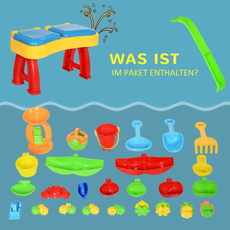 HOMCOM Kinder Sand- und Wasserspieltisch Sandspielzeug, Sandkastentisch mit 31-tlg. Zubehör, Spieltisch, Strandspielzeug, ab 3 Jahren, Kunststoff, 73 x 35 x 70 cm