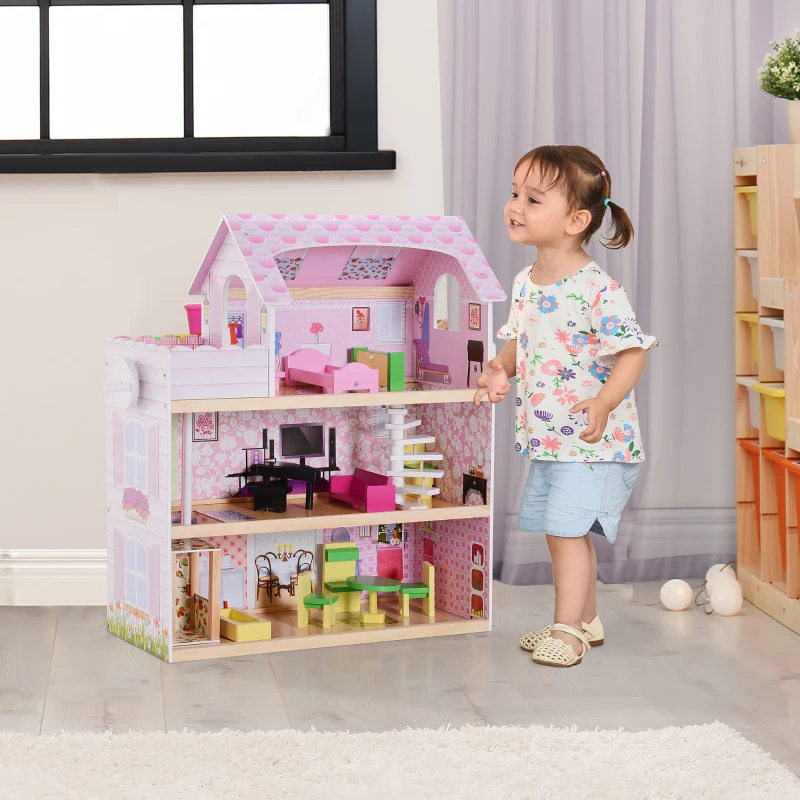 HOMCOM Kinderpoppenhuis poppenhuis barbiehuis poppenhuis met 3 verdiepingen met meubels