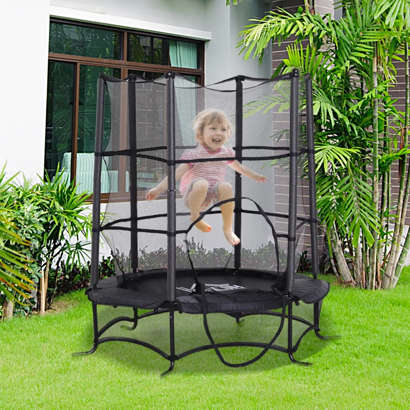 HOMCOM® trampoline tuintrampoline voor kinderen met veiligheidsnetrandafdekking rubberen koord gepolsterd staal zwart Ø170 cm tot 45 kg | Aosom.nl