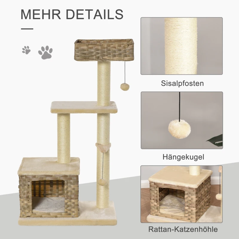 PawHut kattenboom multifunctionele krabpaal kattengrot speelbal bruin + beige