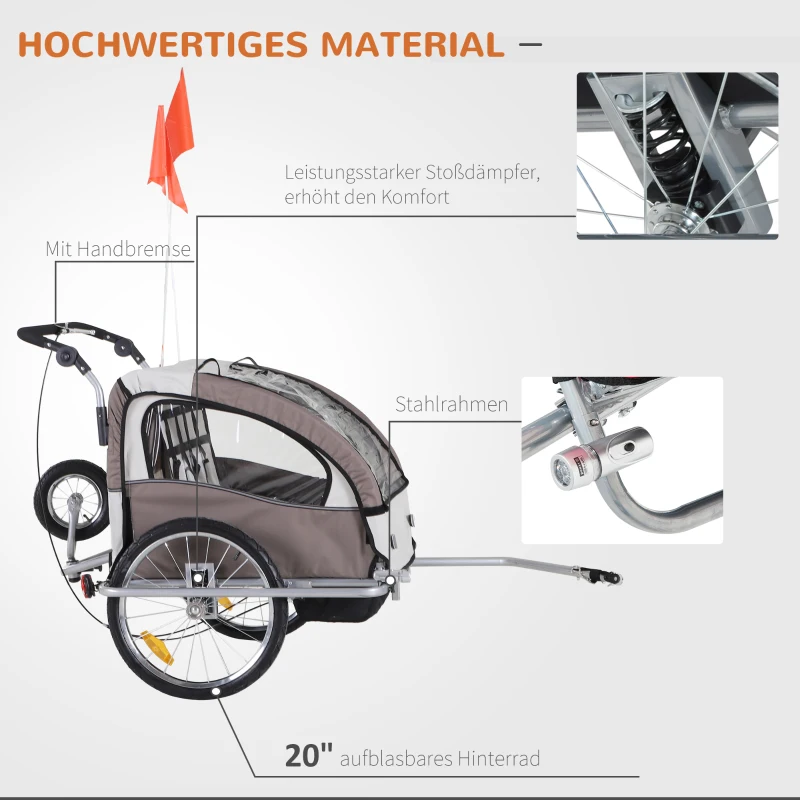 HOMCOM Kinderanhänger Fahrradanhänger mit Regenschutz atmungsaktiv Oxfordgewebe Cream-Kaffeebraun 155 x 88 x 108 cm
