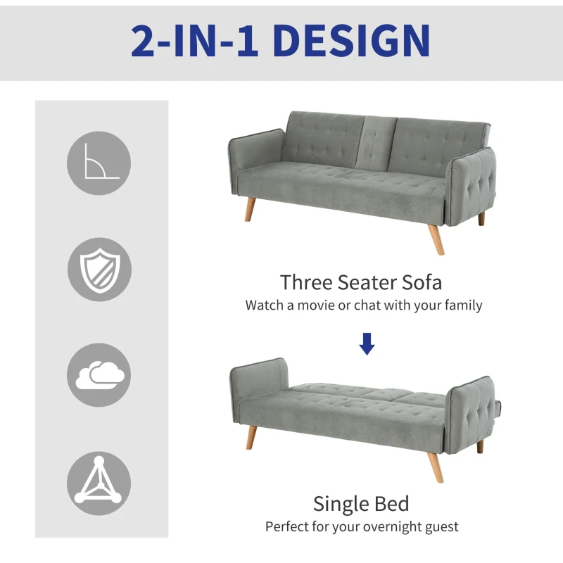 HOMCOM 2-IN-1 Three Seater Sofa Bed Single Bed Recliner Adjustable With Side Table Wood Frame 160W x 95D x 35H cm
