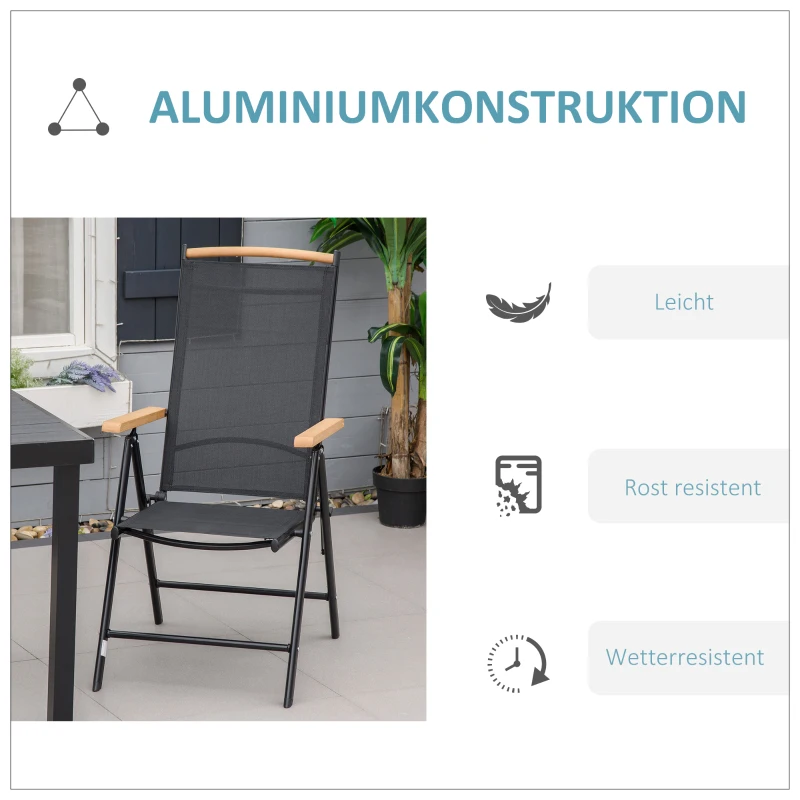 Outsunny 2er-Set Klappstuhl Gartenstuhl klappbar mit Rückenlehne Armlehne für Garten Balkon Terrasse Mesh Stoff Aluminium Schwarz 71,5 x 68 x 109 cm