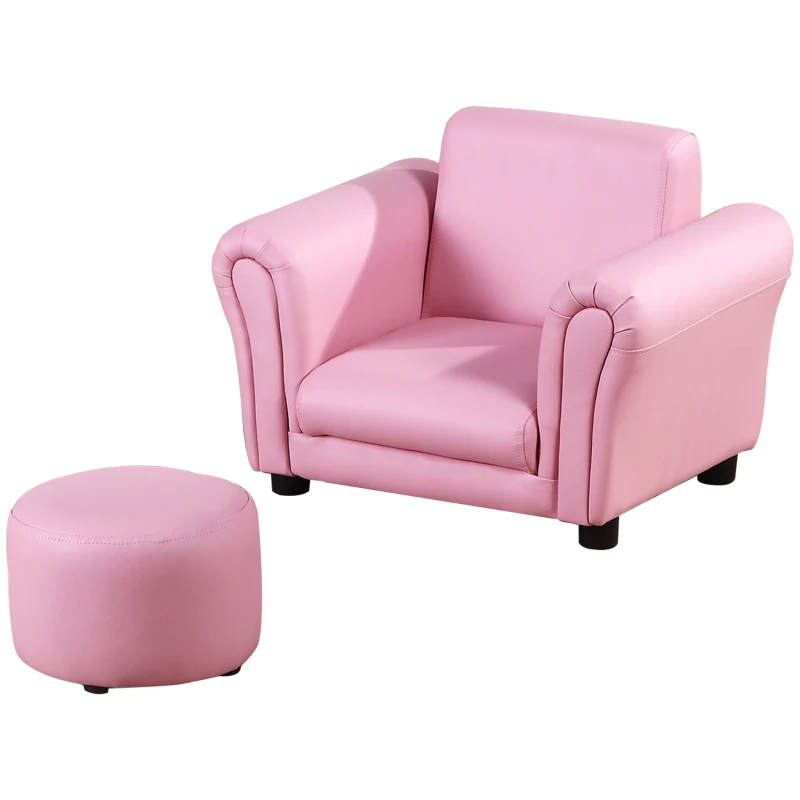 HOMCOM® Kindersessel mit Fußhocker Kindercouch Kindersofa Minisofa Kindermöbel Holz Rosa
