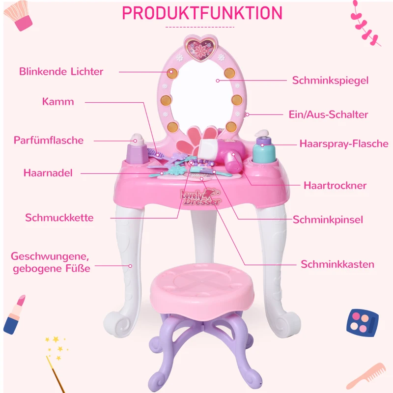 HOMCOM kinderkaptafel kaptafel met krukje 7 muziekstukken spiegel roze