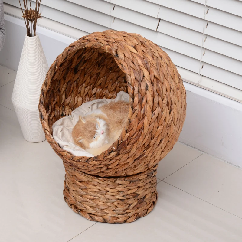 PawHut kattenmand rotan kattennest kattenbed met kussen huisdierbed bruin
