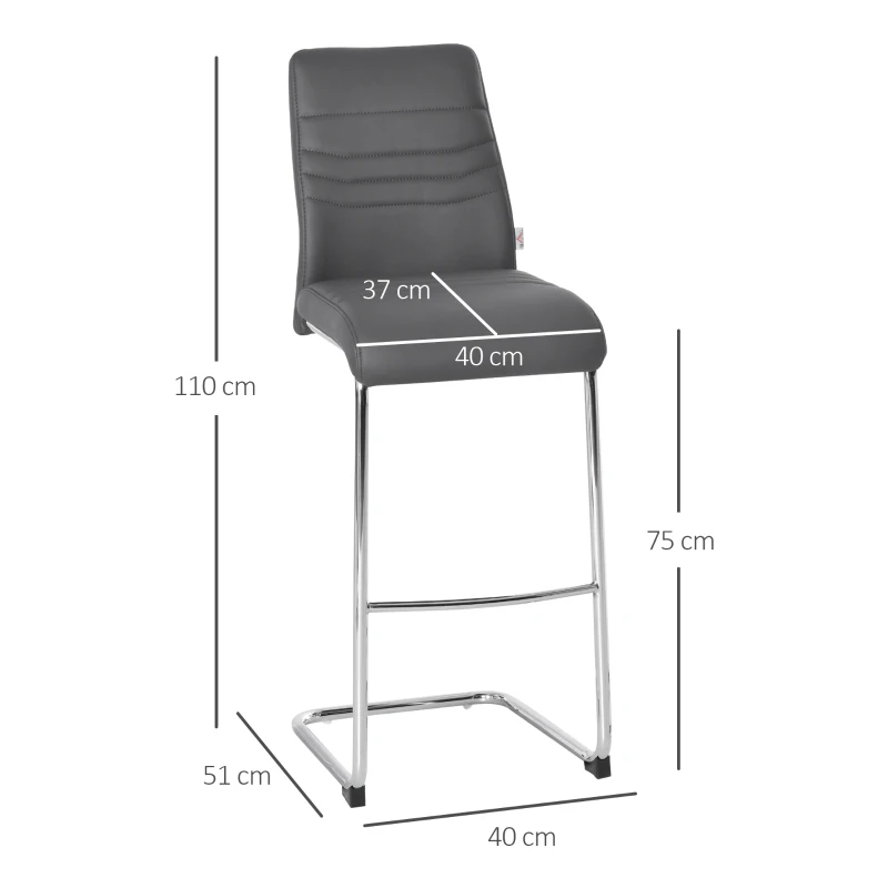 HOMCOM set van 2 barkrukken bistrostoel keukenkruk metalen kruk met rugleuning grijs kunstleer staal schuimstof 40 x 51 x 110 cm