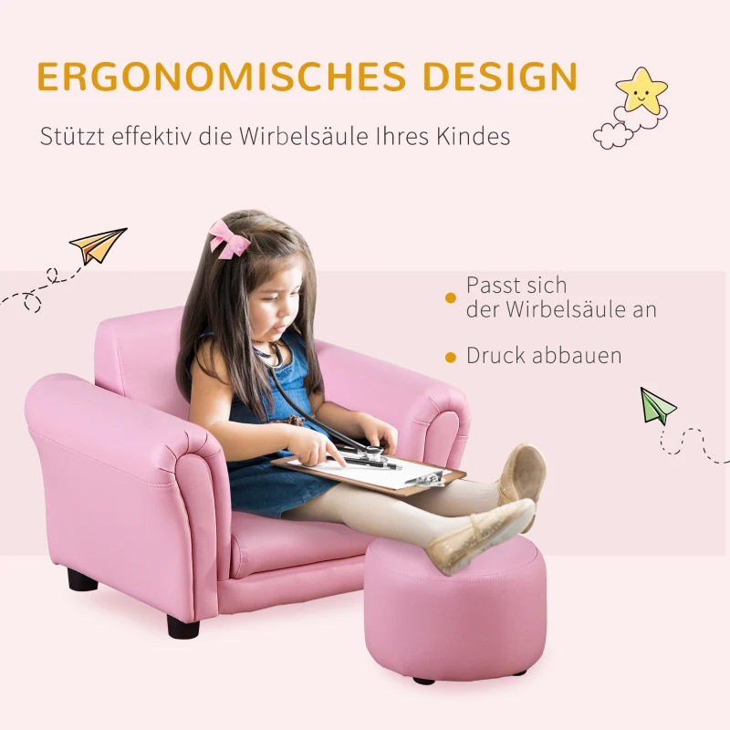 HOMCOM® Kindersessel mit Fußhocker Kindercouch Kindersofa Minisofa Kindermöbel Holz Rosa