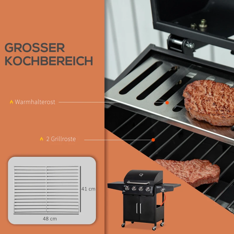 Outsunny grill gazowy z 3 palnikami każdy 3 kw przenośny kratka grillowa na 4 kółkach czarny