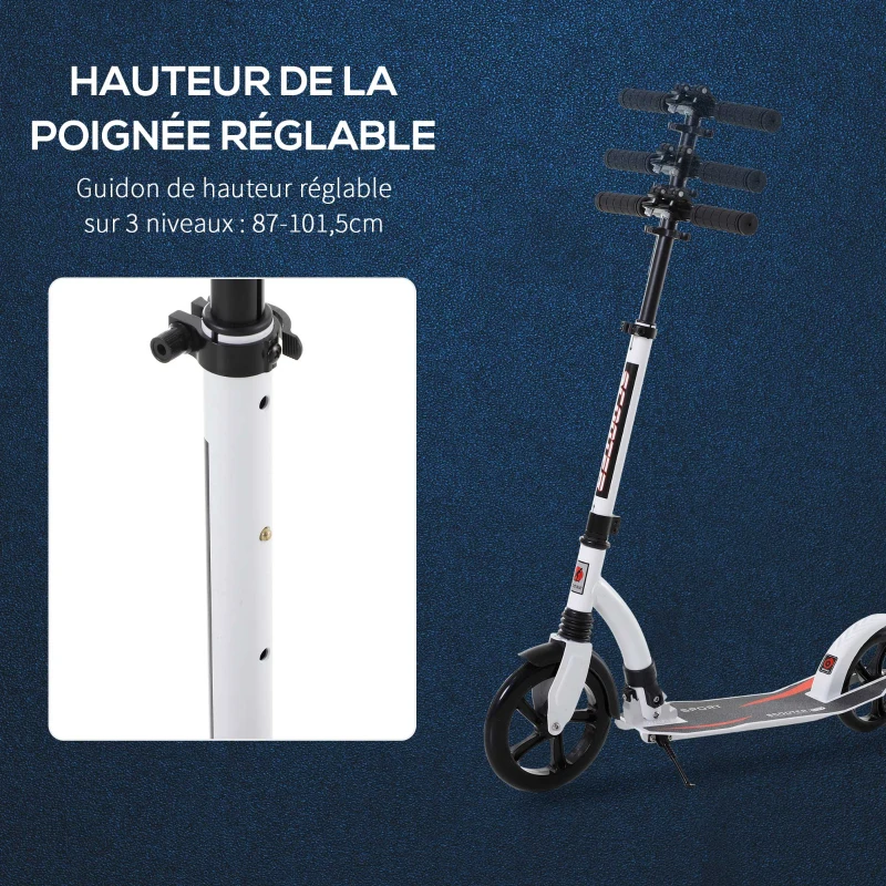 HOMCOM Trottinette pliable pour adulte enfant à partir 14 ans 92,5 x 37,5 x 87-101,5 cm hauteur guidon réglable alu blanc