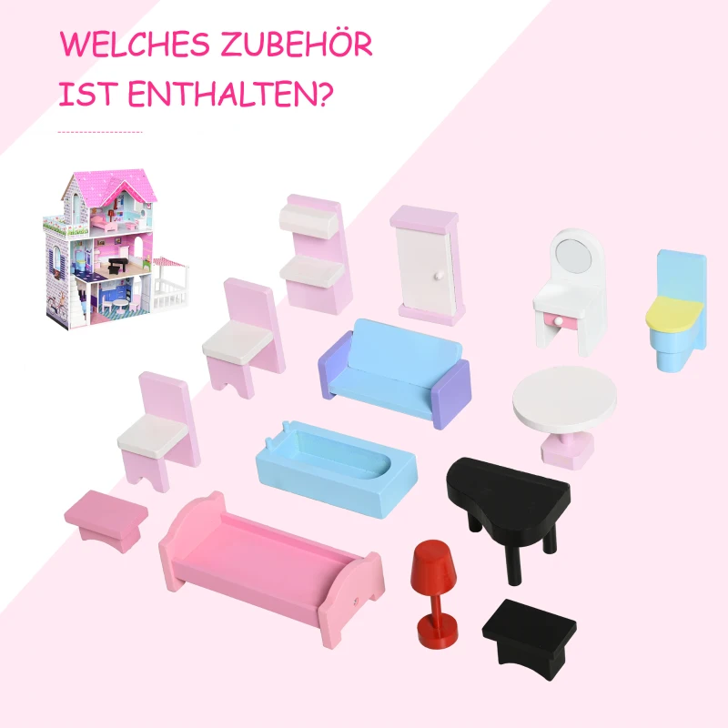 HOMCOM Puppenvilla Mädchen Spielzeug Kinder Puppenhaus aus Holz Puppenstube Dollhouse 3 Etagen mit Möbel und Zubehör 86 x 30 x 87 cm
