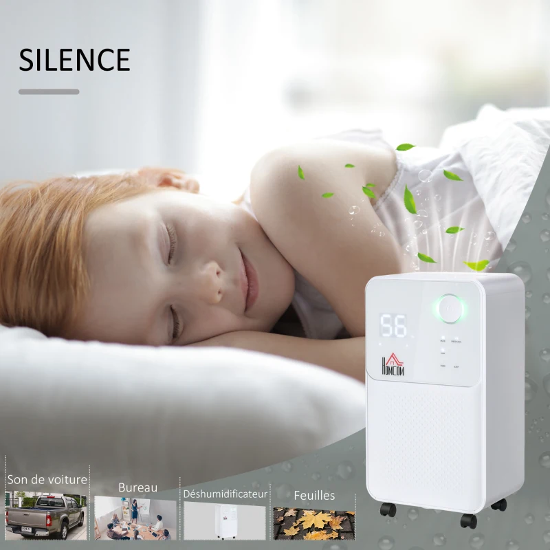 HOMCOM Déshumidificateur portable électrique silencieux 270W capacité max. réservoir 2L évacuation continue 16L/24H idéal pièces 16 m² max. blanc