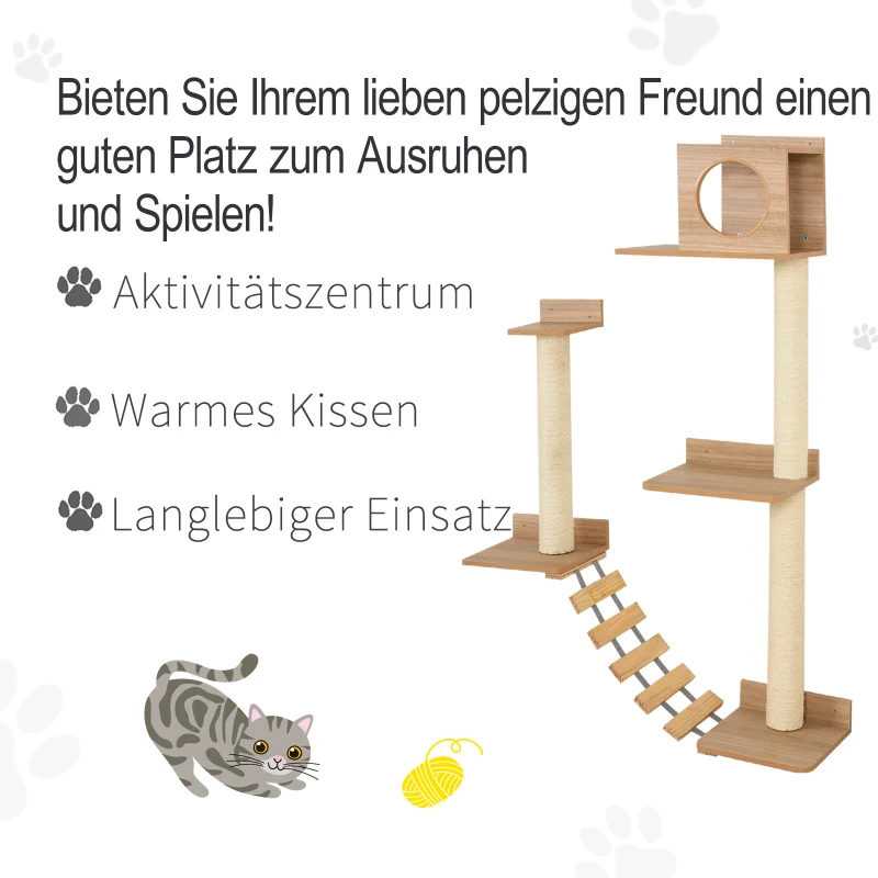 PawHut Kletterwand für Katzen Wandkratzbaum Katzenbaum Kletterbaum für Katzen Mehrstufiges mit Leiter Pilaster Gelb Höhe 156 cm